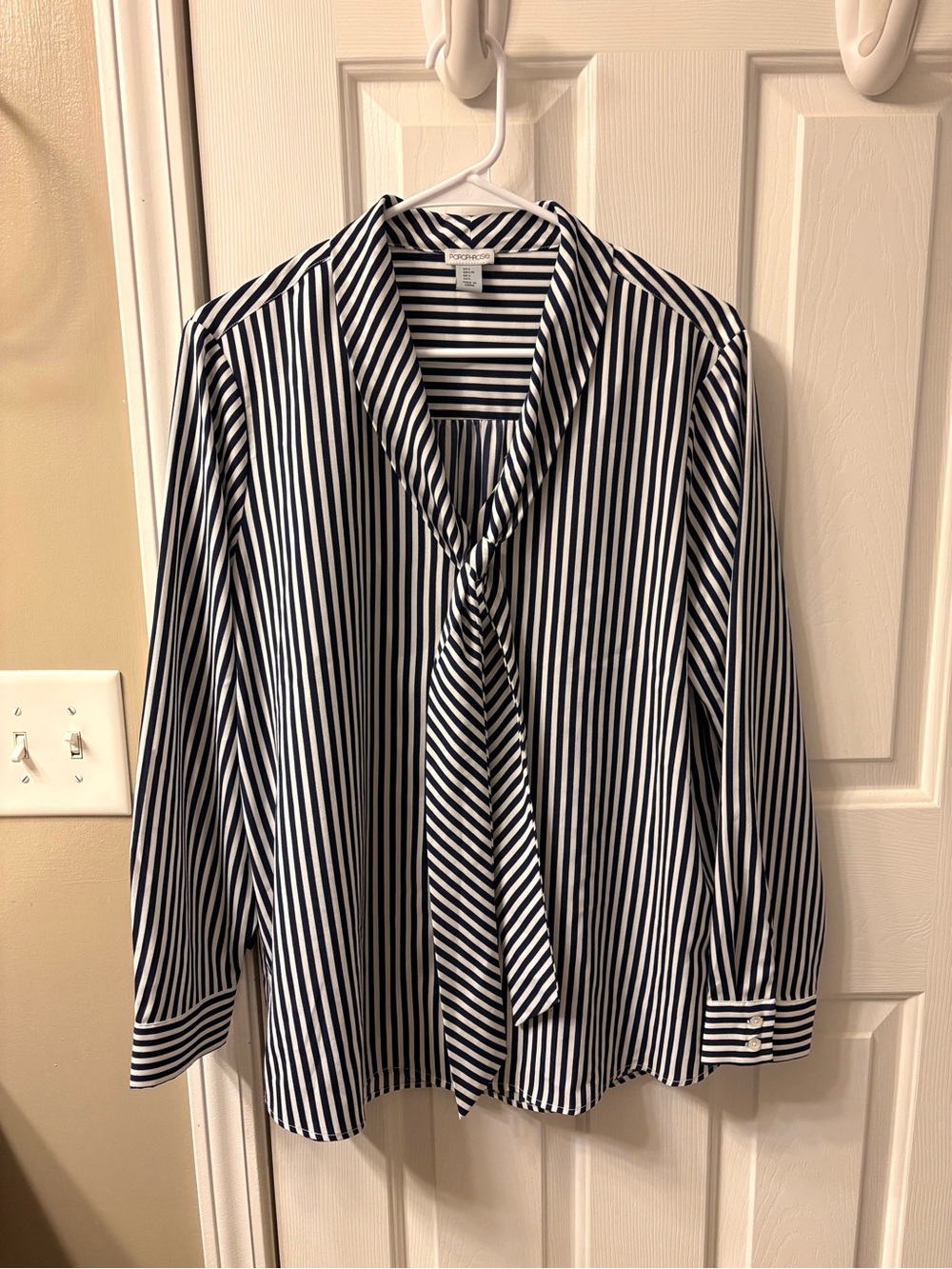 Paraphrase Navy/White Striped Tie-Neck Blouse Workwear Smart Casual Size L